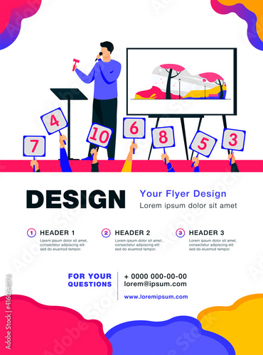 Auctioneer with hammer selling artwork on stage. Buyers holding signs with offers flat vector illustration. Auction, trade, bidding concept for banner, website design or landing web page