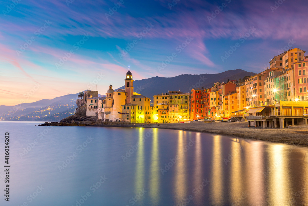  Small Mediterranean Town Camogli at the night time, Italy