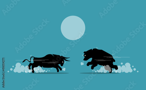 Bull and bear face off in stock market exchange. Vector illustration concept of bullish and bearish market competing, share market trend, and financial equity investment.