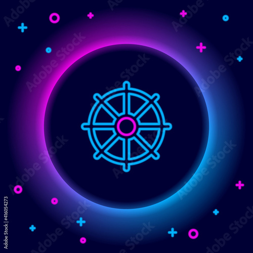 Glowing neon line Dharma wheel icon isolated on black background. Buddhism religion sign. Dharmachakra symbol. Colorful outline concept. Vector.