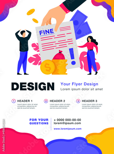 Tiny people getting paper sheet with fine flat vector illustration. Cartoon characters paying traffic bill, municipal tax or parking fee as penalty from police. Financial mulct or punishment concept