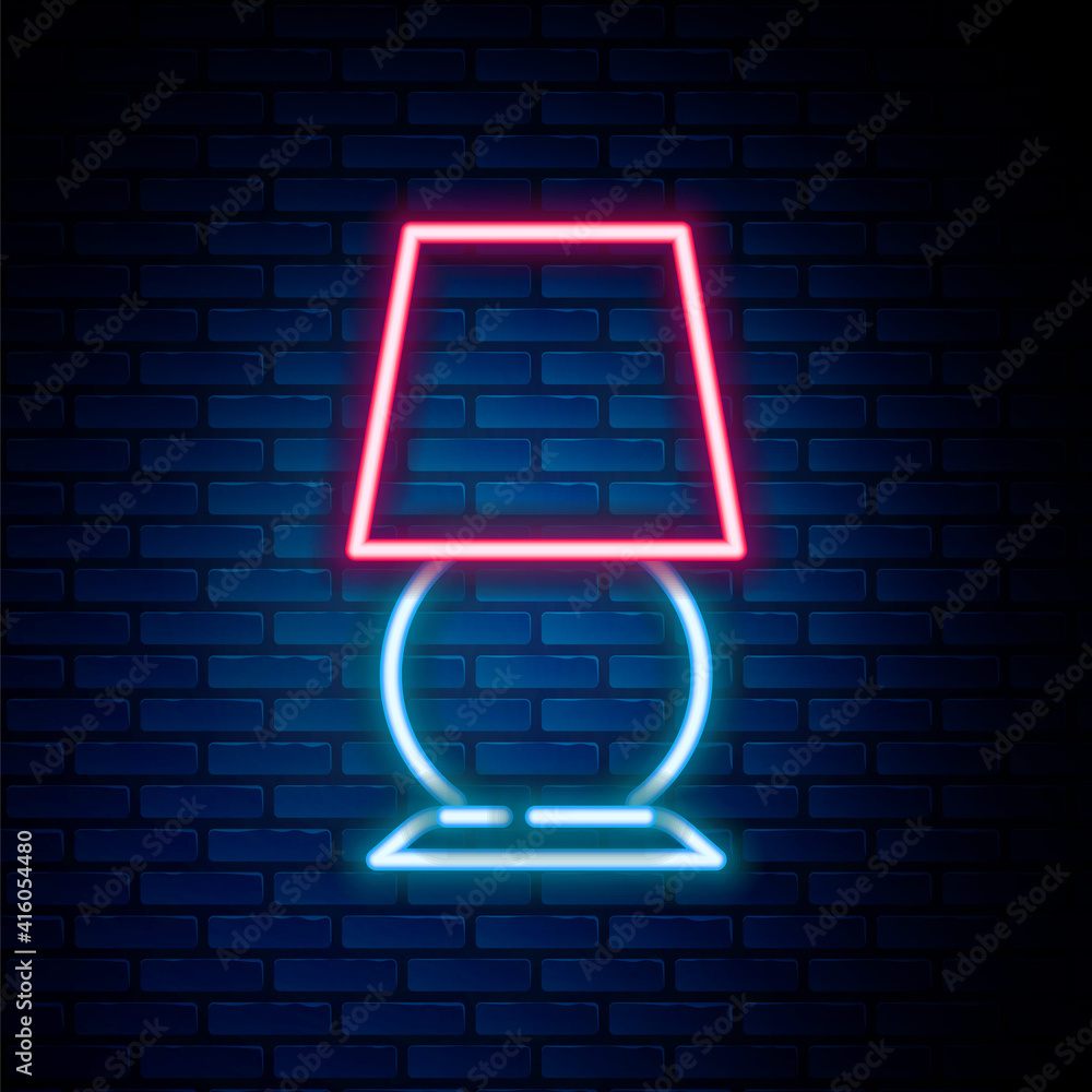 Glowing neon line Table lamp icon isolated on brick wall background. Desk lamp. Colorful outline concept. Vector. Glowing neon line Table lamp icon isolated on brick wall background. Desk lamp. Colorful outline concept. Vector.