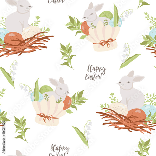 Vector seamless pattern with Easter eggs and bunnies.