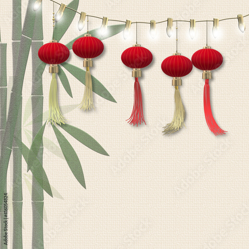 Lantern festival, mid autumn lantern celebration. Traditional Chinese lanterns, bamboo on pastel yellow background. Chinese New Year. Text Chinese translation Happy Lantern festival, 3D rendering