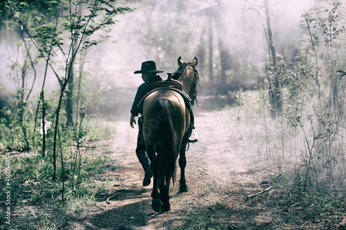The silhouette of  rider as cowboy outfit costume with a horses and a gun held in the hand against smoke and sunset background © FotoArtist