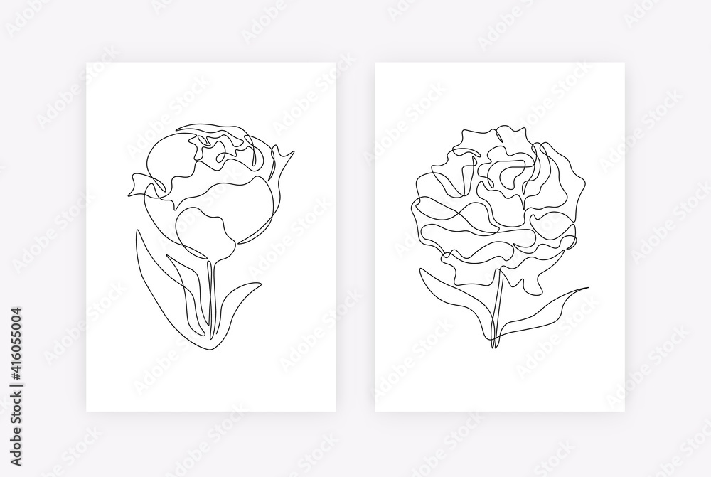 Abstract one line flowers posters. Set of wall decor with continuous line botanical drawing of peony flower. Minimalist Vector art Abstract one line flowers posters. Set of wall decor with continuous line botanical drawing of peony flower. Minimalist Vector art