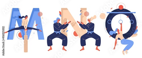 Letters M for mallakhamb yoga, N for ninjutsu martial arts fighters, O for obstacle course racing women training. Educational collection with active female characters drawn with blue and beige