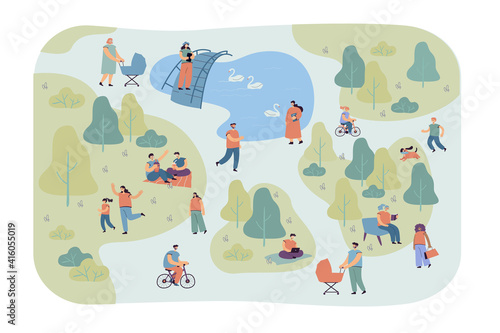 Happy different people walking in city park flat vector illustration. Cartoon characters relaxing, cycling and exercising on nature. Summer activity and leisure concept