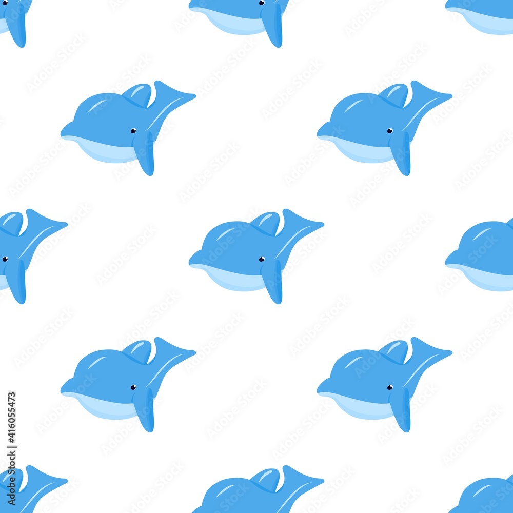 Seamless pattern with blue funny dolphin. Vector background. Baby fabric textile. Summer backdrop. For wrapping, package product, t shirt clothes print. Seamless pattern with blue funny dolphin. Vector background. Baby fabric textile. Summer backdrop. For wrapping, package product, t shirt clothes print.