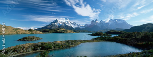 Cuernos del Paine rising up above Lago Pehoe, Torres del Paine National Park, Patagonia, Chile, South America photo