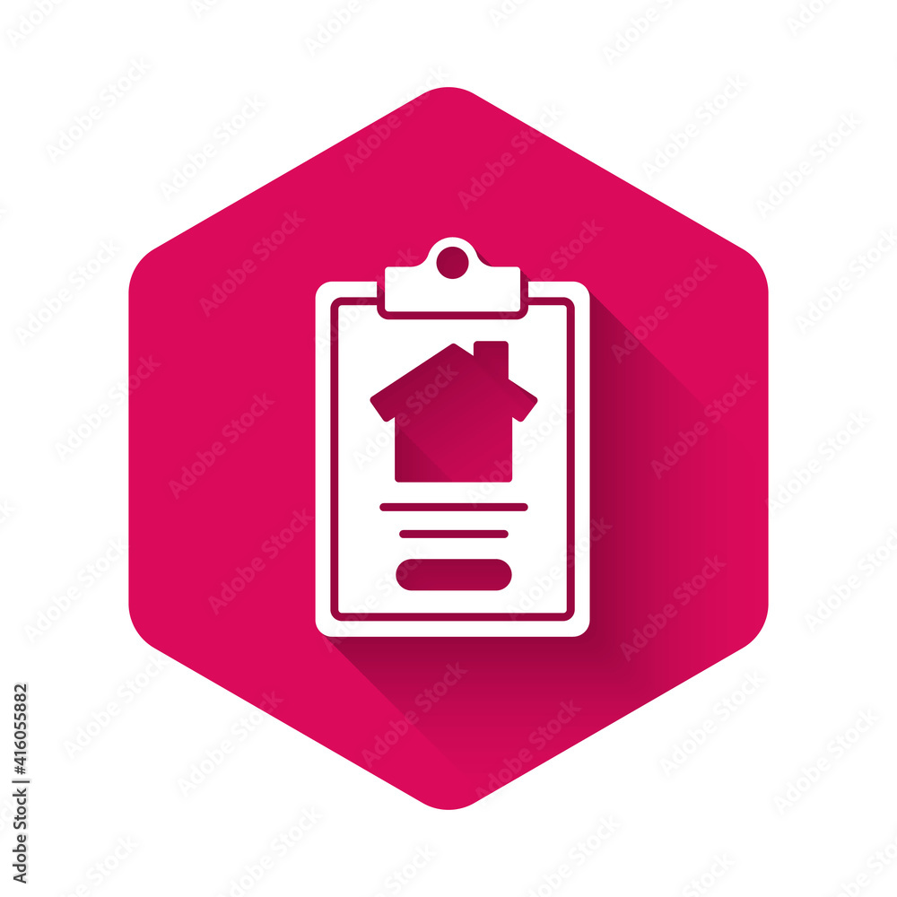 White House contract icon isolated with long shadow background. Contract creation service, document formation, application form composition. Pink hexagon button. Vector. White House contract icon isolated with long shadow background. Contract creation service, document formation, application form composition. Pink hexagon button. Vector.