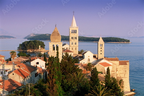 Medieval Rab Bell Towers and elevated view of the town, Rab Town, Rab Island, Dalmatia, Dalmatian coast, Croatia, Europe photo