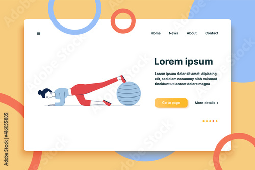 Young woman training with fitness ball. Female character doing plank exercise with Swiss ball flat vector illustration. Fitness club, workout concept for banner, website design or landing web page