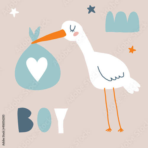 Baby Shower Vector Card with Funny White Stork Holding Big Blue Bag. Cute Hand Drawn Illustration for Baby Boy Welcome Party. White Bird on a Beige Background. 