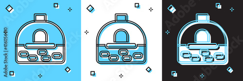 Set Brick stove icon isolated on blue and white, black background. Brick fireplace, masonry stove, stone oven icon. Vector.
