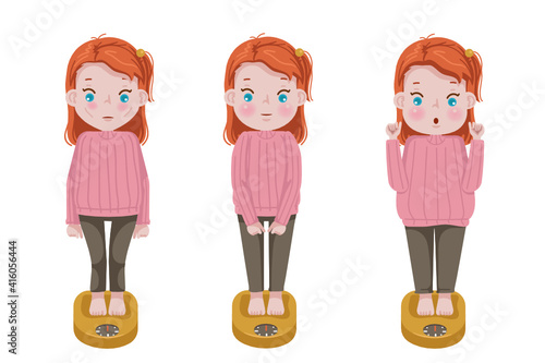 little girl use weight scale. thin, fit and fat kids girls use weight scale.