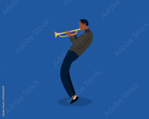 Jazz musician playing trumpet instrument. Jazz music, jazz singer, concert concept. Trumpet player on isolated background. Modern vector illustration in cartoon flat style.