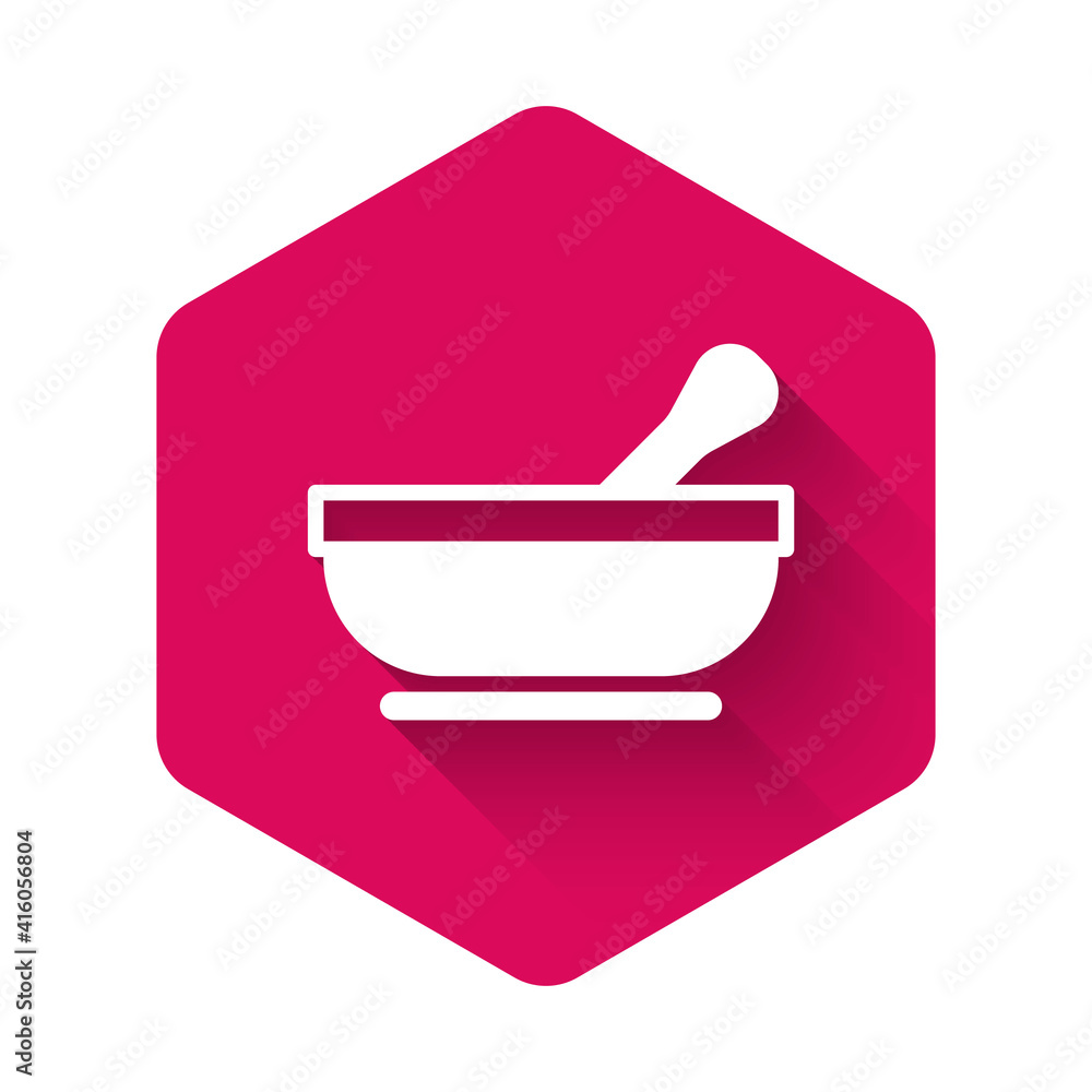 White Mortar and pestle icon isolated with long shadow background. Pink hexagon button. Vector. White Mortar and pestle icon isolated with long shadow background. Pink hexagon button. Vector.