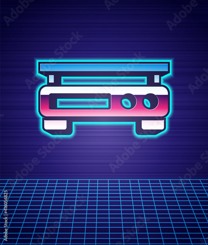 Retro style Electronic scales icon isolated futuristic landscape background. Weight measure equipment. 80s fashion party. Vector.
