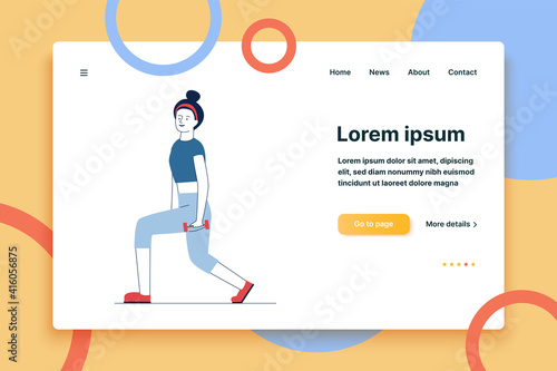 Young woman training body with dumbbells. Female character doing lunges flat vector illustration. Bodybuilding, fitness, training concept for banner, website design or landing web page