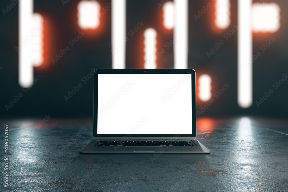 Blank white laptop display on dark concrete surface with abstract blurry nights lights background. Mockup Blank white laptop display on dark concrete surface with abstract blurry nights lights background. Mockup