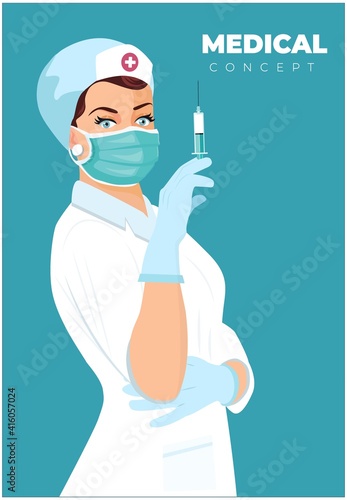 Female doctor holding a syringe with an injection vector illustration. Prevention of virus disease. Nurse doing COVID-19 vaccination. Syringe in doctor hand. Nurse holding vaccine syringe for epidemic