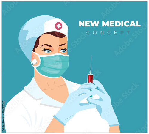 Female doctor holding a syringe with an injection vector illustration. Prevention of virus disease. Nurse doing COVID-19 vaccination. Syringe in doctor hand. Nurse holding vaccine syringe for epidemic