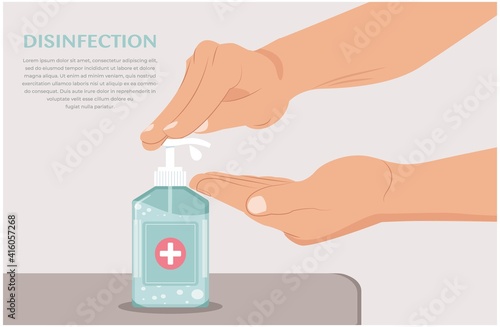 Banner of Clean Your Hands. Hand sanitizer. Personal hygiene. Using antiseptic gel to clean hands and prevent germs. Applying a moisturizing sanitizer. Disinfection, Antibacterial Vector illustration