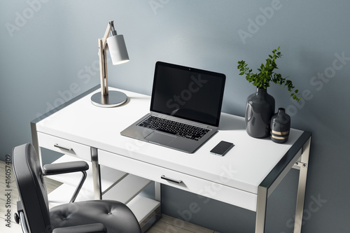 Modern home office workplace with white stylish futniture, leather chair and laptop with blank black display. Mockup