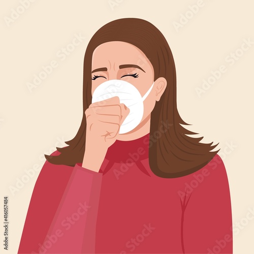 The Woman covers her mouth when she cough vector illustration. Throat ache, the common cold, lung disease or COVD-19 symptom. Woman coughs with protective face mask. The masked patient coughs