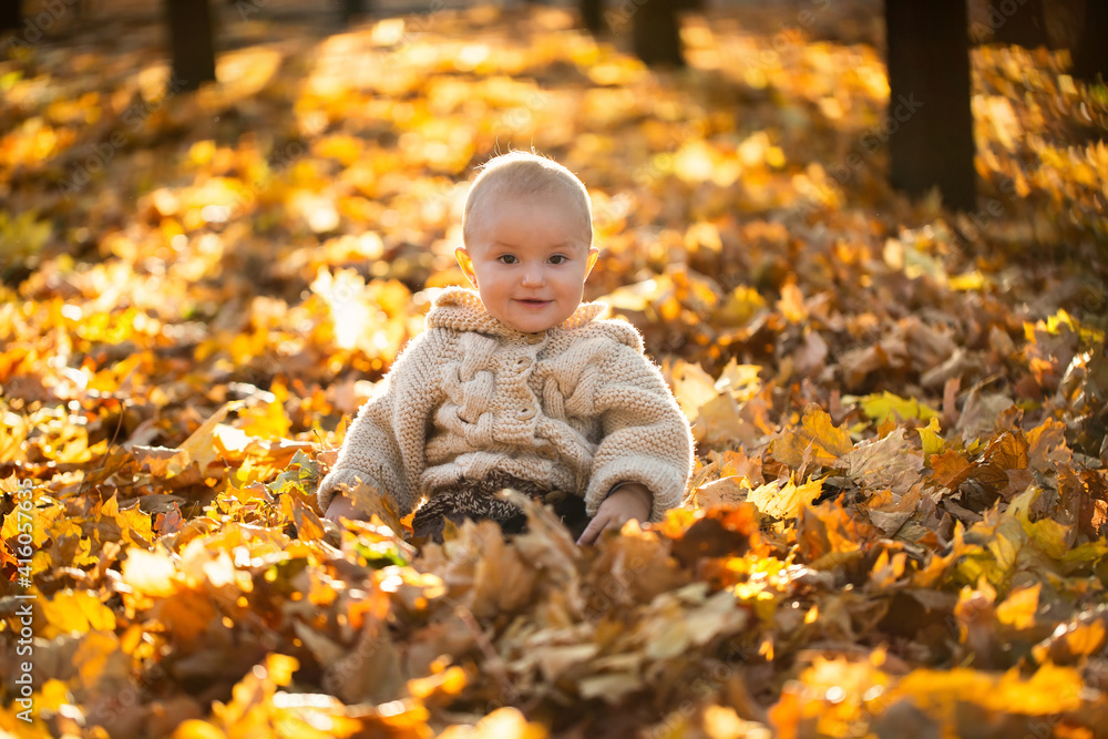 Small girl in a knitted suit is sitting in the forest in yellow leaves. Small girl in a knitted suit is sitting in the forest in yellow leaves.