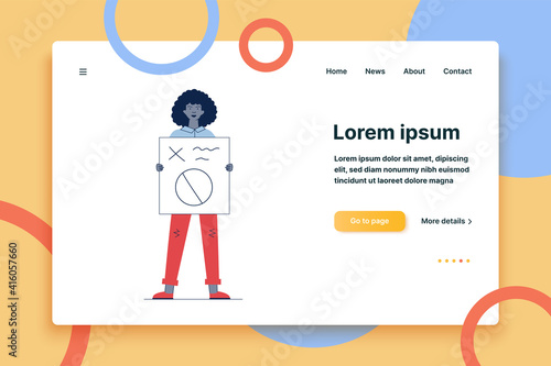 Woman showing placard. Female protest activist holding poster flat vector illustration. Crisis, activism, demonstration concept for banner, website design or landing web page