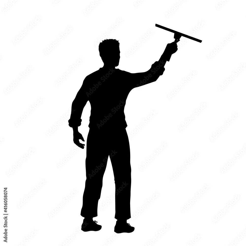 Man cleaning window. Black silhouette of cleaner. Worker tidy glass. Isolate scene of homework Man cleaning window. Black silhouette of cleaner. Worker tidy glass. Isolate scene of homework