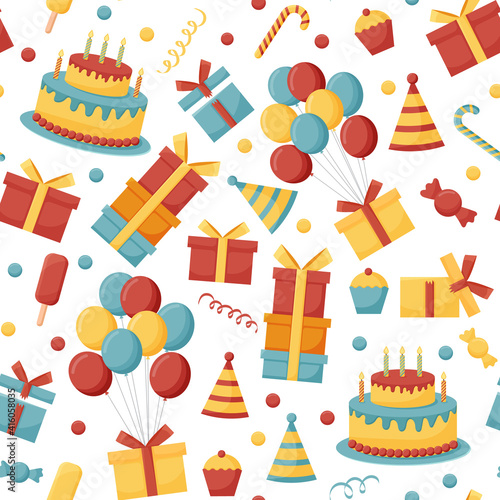 Birthday cream cakes  gift boxes  garlands flat vector seamless pattern. Hand drawn background for a party  holiday