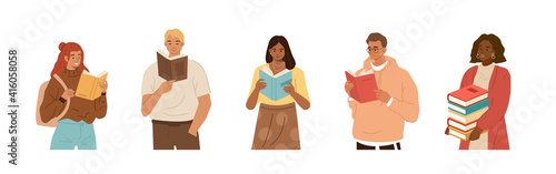 Young People Reading Books. Male and Female Students with Open Books in Hands. Girls and Boys Studying in Library. Education and Knowledge Concept with Characters. Flat Cartoon Vector Illustration.