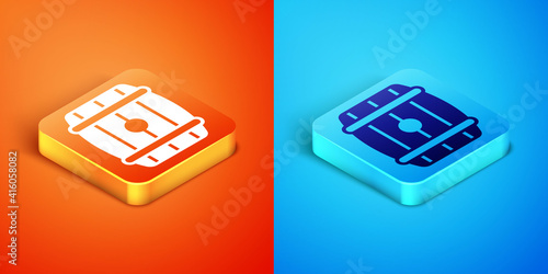 Isometric Wooden barrel icon isolated on orange and blue background. Alcohol barrel, drink container, wooden keg for beer, whiskey, wine. Vector.