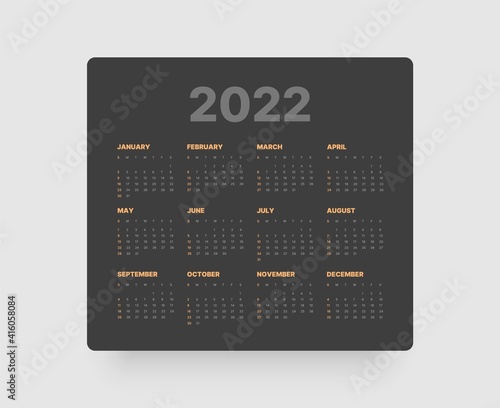 Calendar template for 2022 with week start on Sunday. In dark colors.