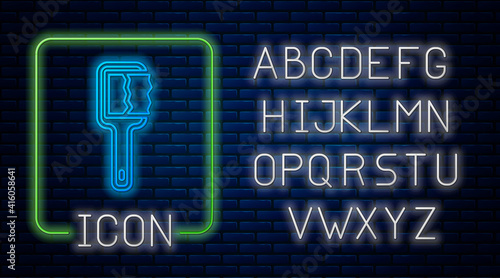 Glowing neon Sauna brush icon isolated on brick wall background. Wooden brush with coarse bristles for washing in the bath. Anti cellulite massage. Neon light alphabet. Vector.
