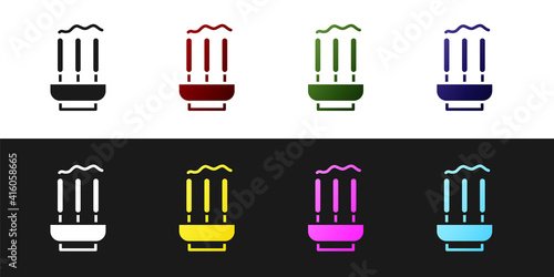 Set Burning aromatic incense sticks icon isolated on black and white background. Vector.