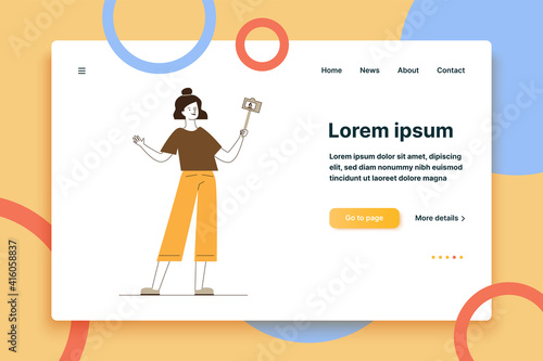 Woman taking selfie. Female blogger using camera with monopod flat vector illustration. Recording video, travel, selfie concept for banner, website design or landing web page