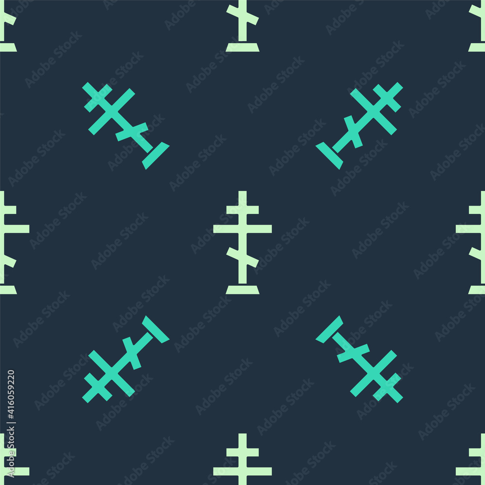 Green and beige Christian cross icon isolated seamless pattern on blue background. Church cross. Vector. Green and beige Christian cross icon isolated seamless pattern on blue background. Church cross. Vector.