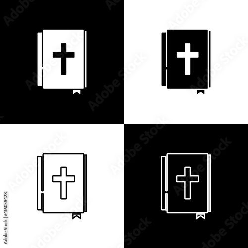 Set Holy bible book icon isolated on black and white background. Vector.