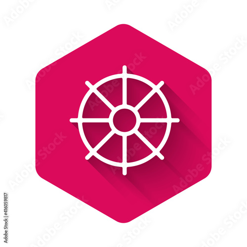 White Dharma wheel icon isolated with long shadow background. Buddhism religion sign. Dharmachakra symbol. Pink hexagon button. Vector.