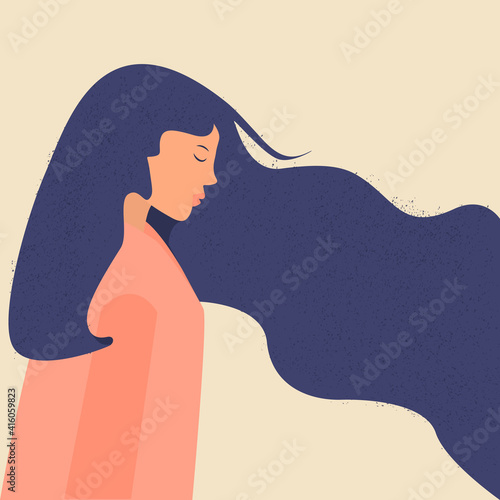 Sad tired Asian woman with flowing hair. Depressed unhappy cute female character in depression, sorrow, sadness. Fatigued girl is in emotional burnout or mental disorder. Flat Vector illustration.