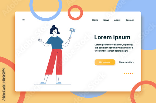 Woman taking selfie. Female blogger using camera with monopod flat vector illustration. Recording video, travel, selfie concept for banner, website design or landing web page