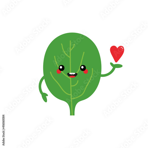Cute cartoon style green spinach leaf character holding red heart. Love, appreciation and support concept.
