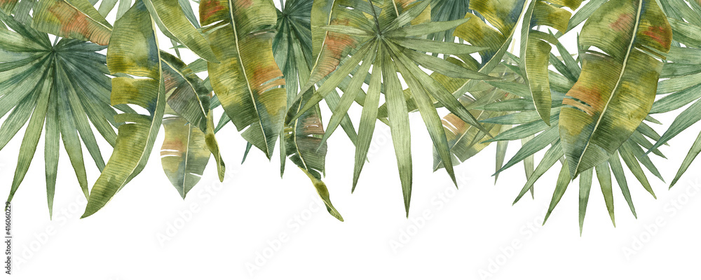 Fototapeta Long seamless banner with hanging tropical leaves