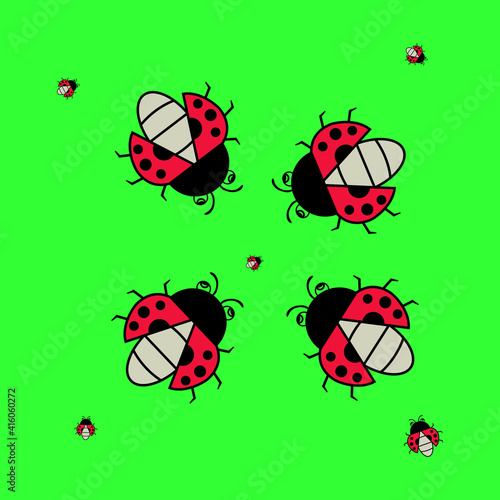 Ladybugs seamless vector pattern. Ladybugs on green background. Vector illustration