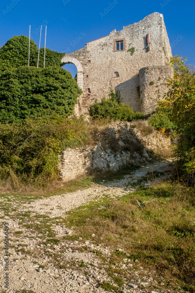 The medieval castle of the abandoned village of Monte Antuni in the middle of Lago del Turano, Rieti, Lazio, Italy
