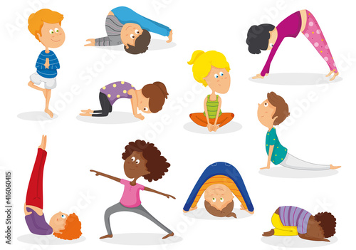 Children doing yoga in different yoga poses. Vector illustration set.